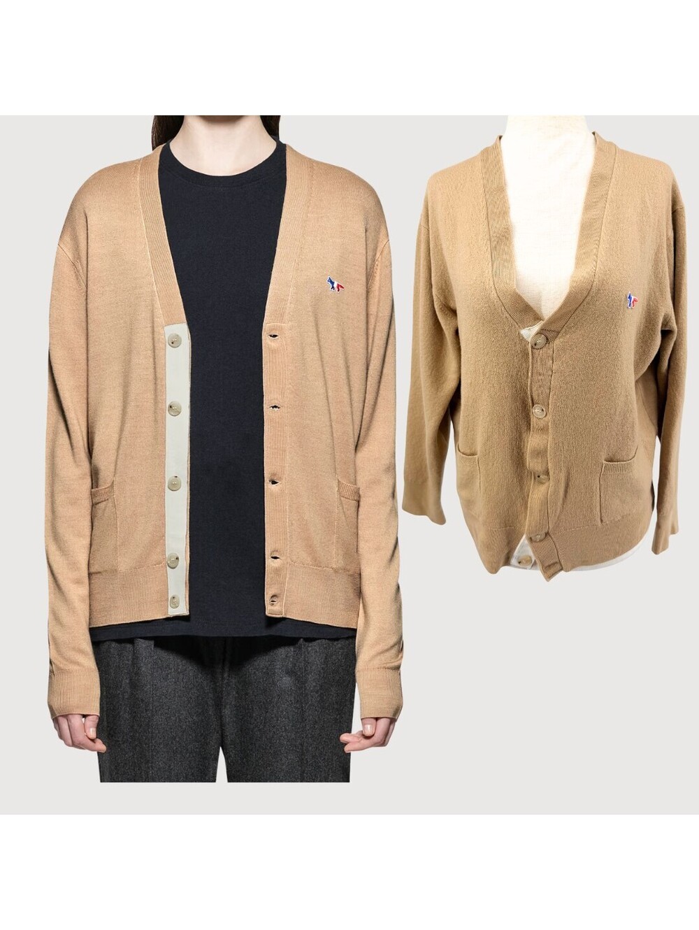 Maison Kitsuné Tricolor Fox Wool Cardigan Khaki L